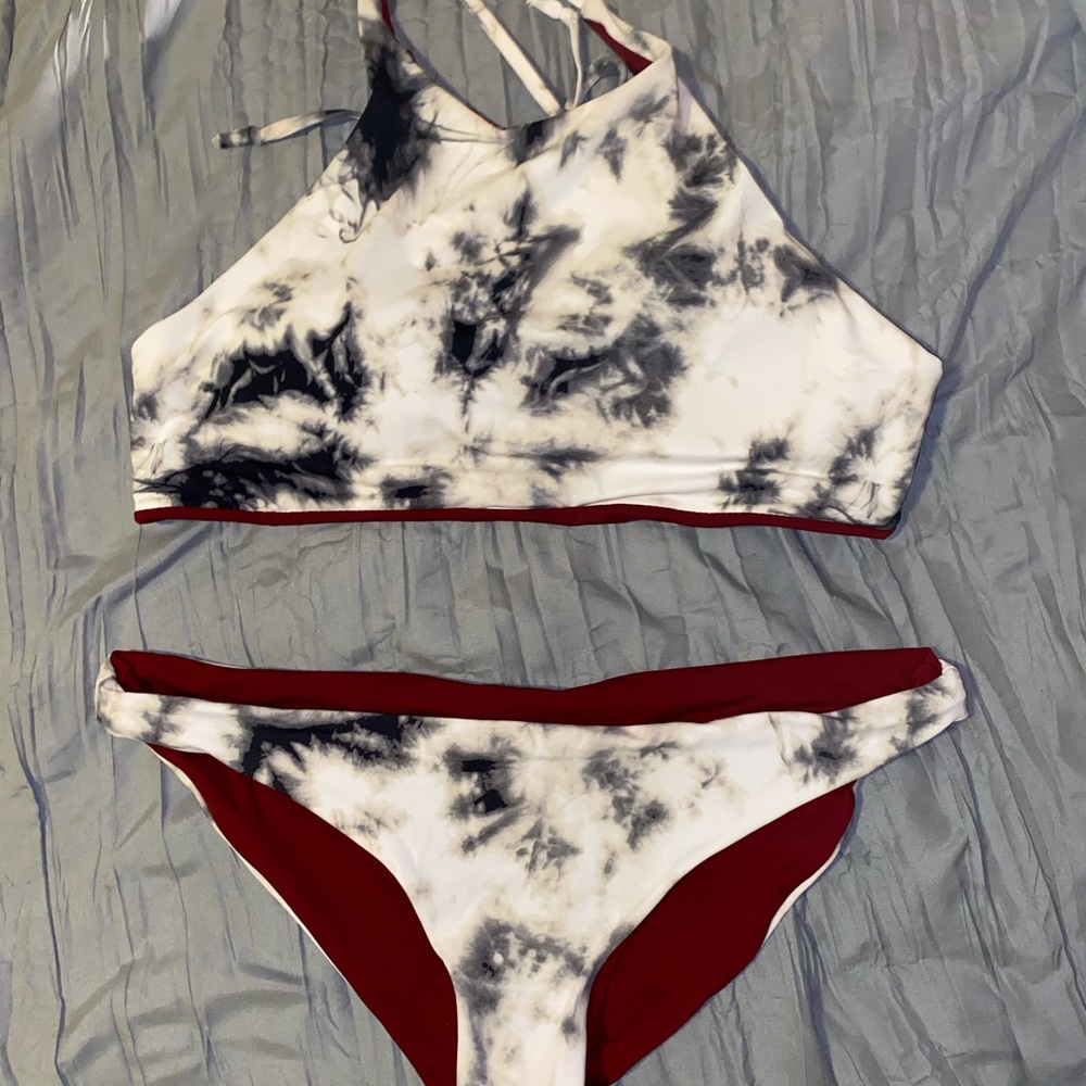 Reversible Marble and Maroon Halter Bikini Set